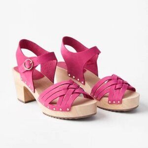 Loft Pink Woven Leather Platform Wood Clog Sandals